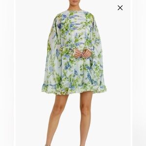 Mac Duggal Floral Print High Neck Ruffle Hem Cape Mini Dress BLUE & GREEN